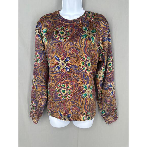 90s Vintage Top Womens Large Yellow Paisley Satin Boho Psychedelic Bohemian - Picture 1 of 8
